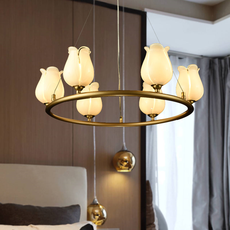 6 Lights Chandelier Pendant Light Traditional Wagon Wheel LED Metal Suspension Lamp with White/Yellow Glass Shade White Clearhalo 'Ceiling Lights' 'Chandeliers' 'Glass shade' 'Glass' Lighting' 337914