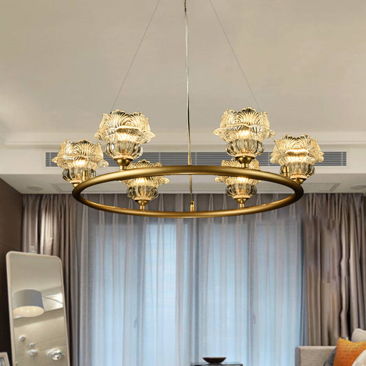 6 Heads Sunflower Chandelier Lighting Traditional Clear Glass Suspension Lamp for Living Room Clear Clearhalo 'Ceiling Lights' 'Chandeliers' 'Glass shade' 'Glass' Lighting' 337922