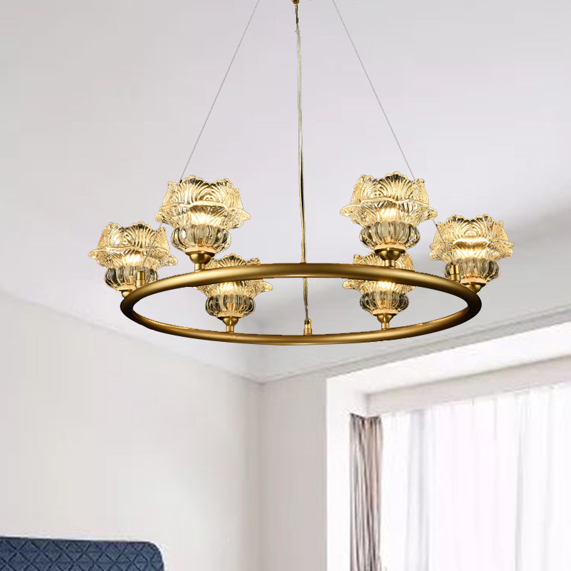 6 Heads Sunflower Chandelier Lighting Traditional Clear Glass Suspension Lamp for Living Room Clearhalo 'Ceiling Lights' 'Chandeliers' 'Glass shade' 'Glass' Lighting' 337923