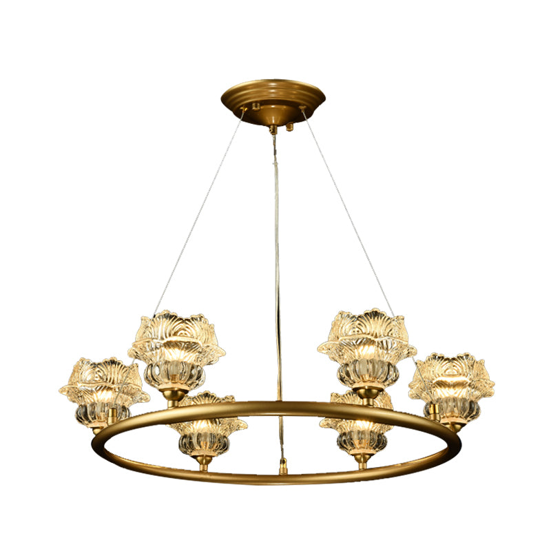 6 Heads Sunflower Chandelier Lighting Traditional Clear Glass Suspension Lamp for Living Room Clearhalo 'Ceiling Lights' 'Chandeliers' 'Glass shade' 'Glass' Lighting' 337924