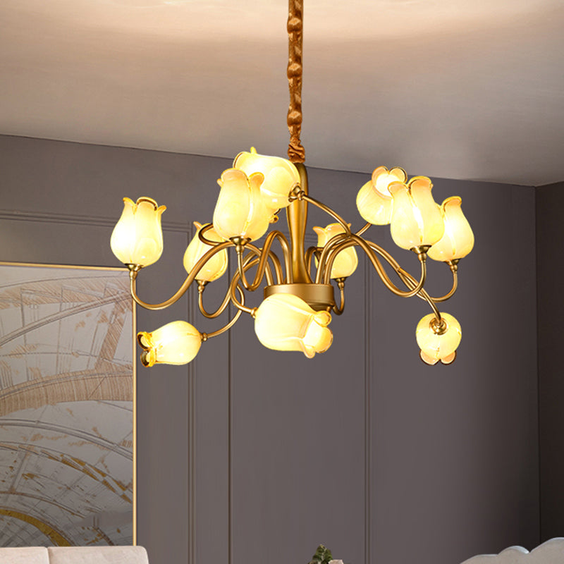 12 Lights Ceiling Chandelier Countryside Flower Beige Glass Hanging Light Fixture in Gold Gold Clearhalo 'Ceiling Lights' 'Chandeliers' 'Glass shade' 'Glass' Lighting' 337927