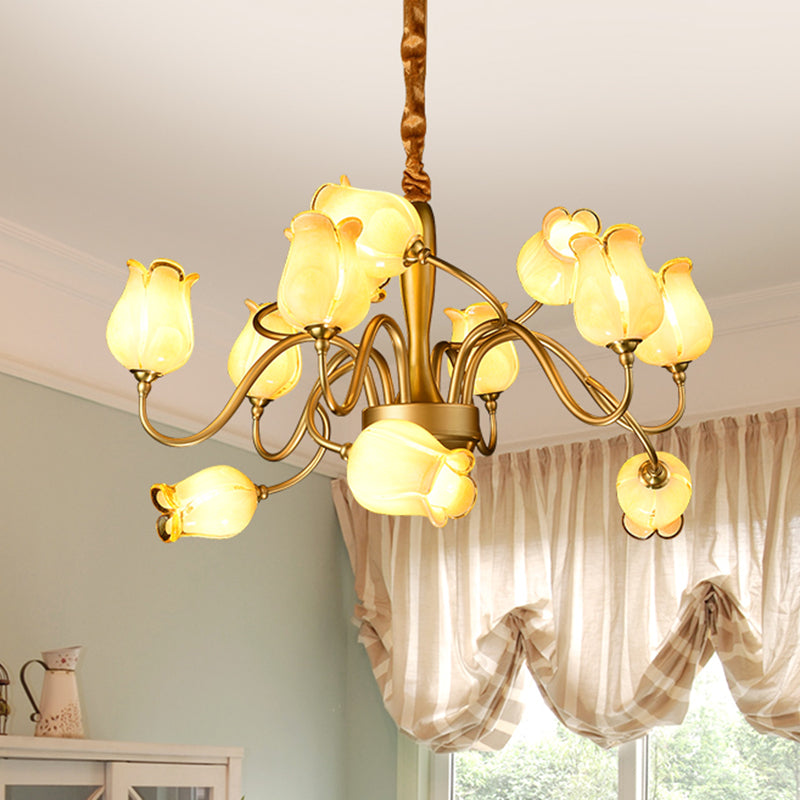 12 Lights Ceiling Chandelier Countryside Flower Beige Glass Hanging Light Fixture in Gold Clearhalo 'Ceiling Lights' 'Chandeliers' 'Glass shade' 'Glass' Lighting' 337928
