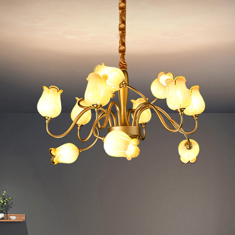 12 Lights Ceiling Chandelier Countryside Flower Beige Glass Hanging Light Fixture in Gold Clearhalo 'Ceiling Lights' 'Chandeliers' 'Glass shade' 'Glass' Lighting' 337929