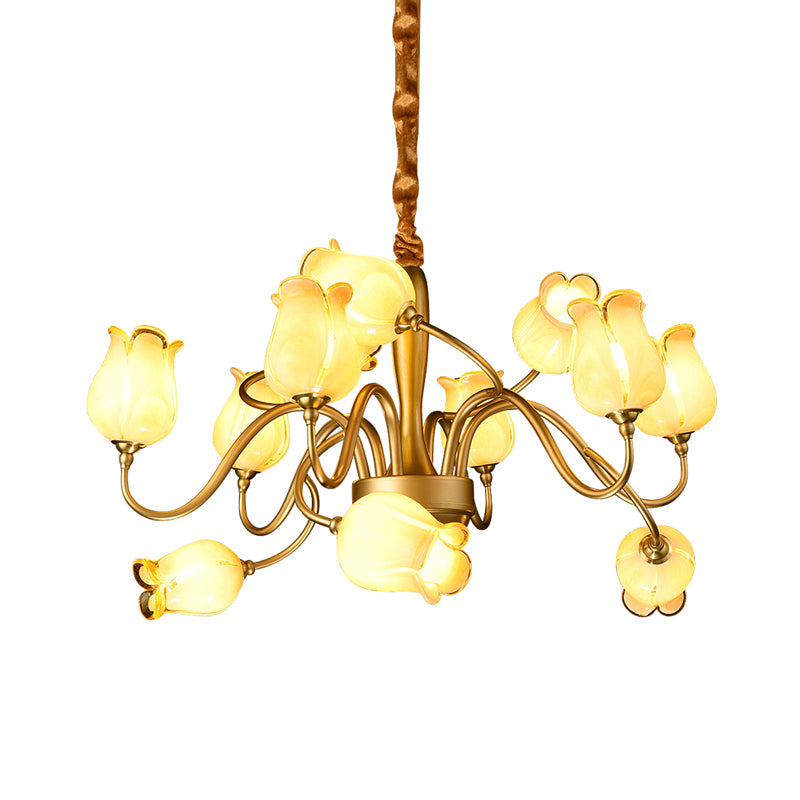 12 Lights Ceiling Chandelier Countryside Flower Beige Glass Hanging Light Fixture in Gold Clearhalo 'Ceiling Lights' 'Chandeliers' 'Glass shade' 'Glass' Lighting' 337930