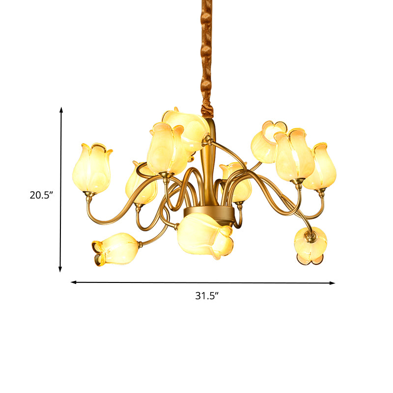12 Lights Ceiling Chandelier Countryside Flower Beige Glass Hanging Light Fixture in Gold Clearhalo 'Ceiling Lights' 'Chandeliers' 'Glass shade' 'Glass' Lighting' 337931