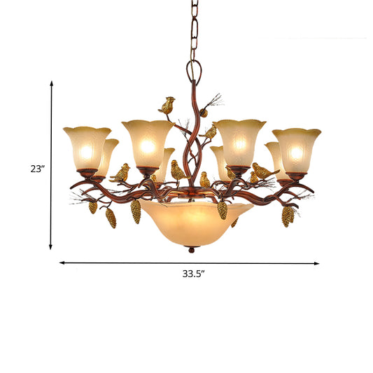 Bell Living Room Chandelier Light Lodge Milky Glass 11 Lights Brown Pendant Lamp Clearhalo 'Ceiling Lights' 'Chandeliers' 'Glass shade' 'Glass' 'Pendant Lights' Lighting' 337951