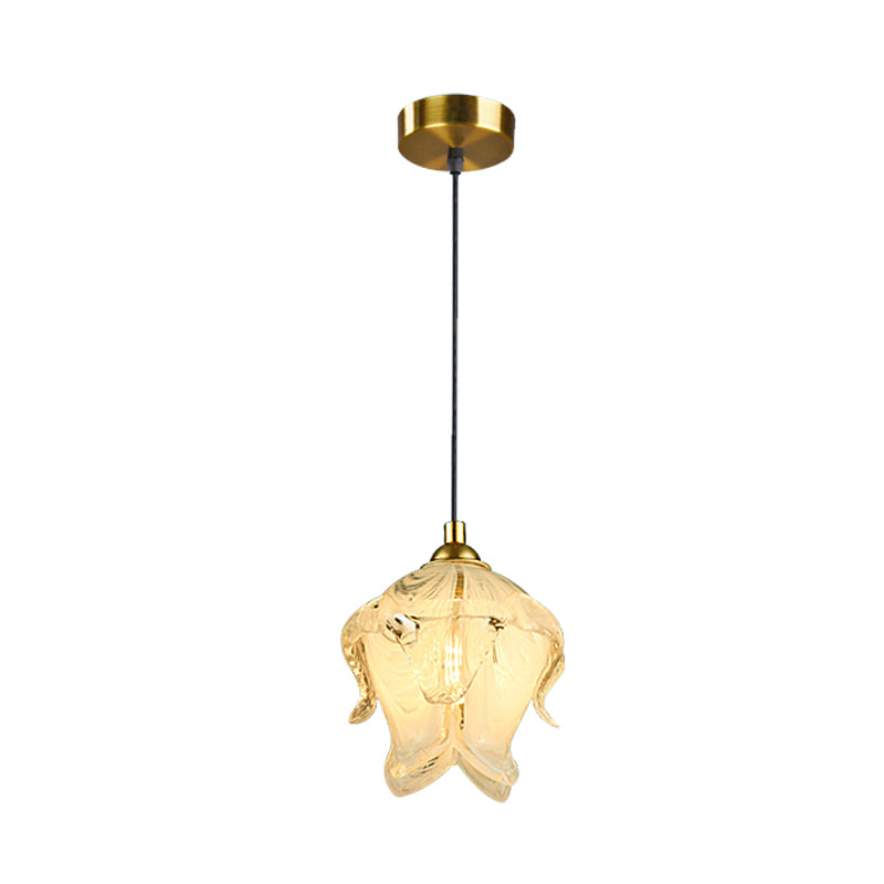 1 Light Bedroom Drop Lamp Traditional Style Brass Hanging Lamp with Floral Clear Crystal Shade Clearhalo 'Ceiling Lights' 'Pendant Lights' 'Pendants' Lighting' 337986