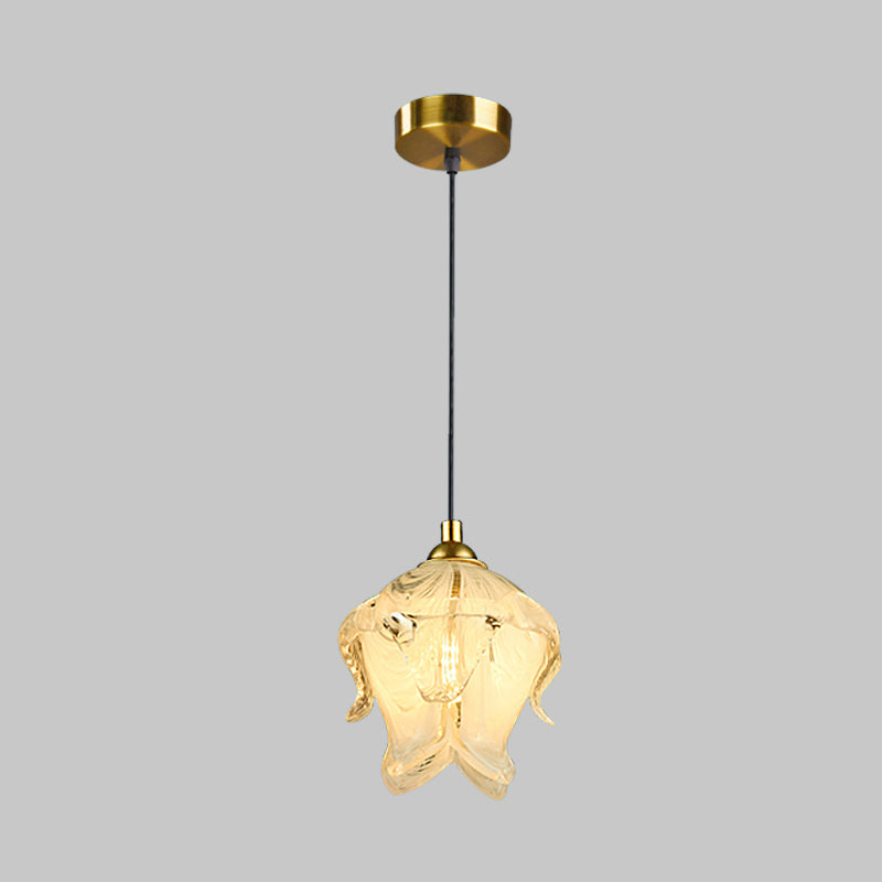 1 Light Bedroom Drop Lamp Traditional Style Brass Hanging Lamp with Floral Clear Crystal Shade Clearhalo 'Ceiling Lights' 'Pendant Lights' 'Pendants' Lighting' 337987