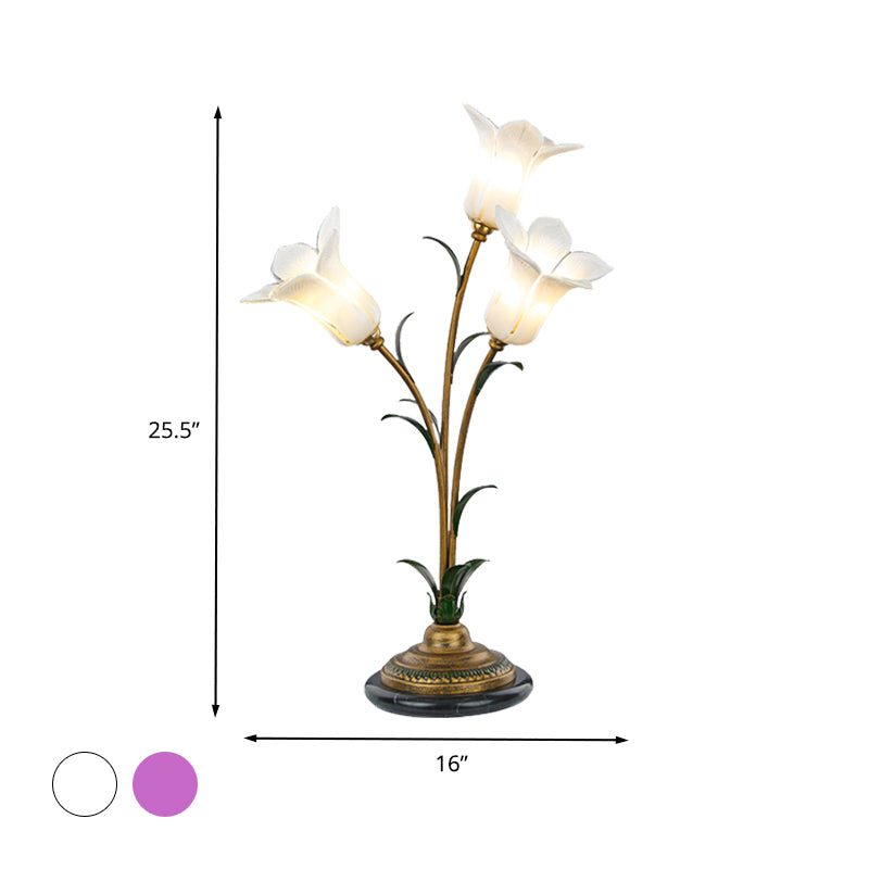 White/Purple Glass Table Lamp Morning Glory 3 Lights Countryside Night Light for Living Room Clearhalo 'Lamps' 'Table Lamps' Lighting' 338020