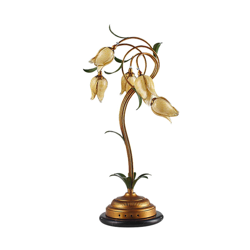 5 Lights Night Table Light Traditional Tulip-Shaped Beige Glass Nightstand Lamp in Brass Clearhalo 'Lamps' 'Table Lamps' Lighting' 338034