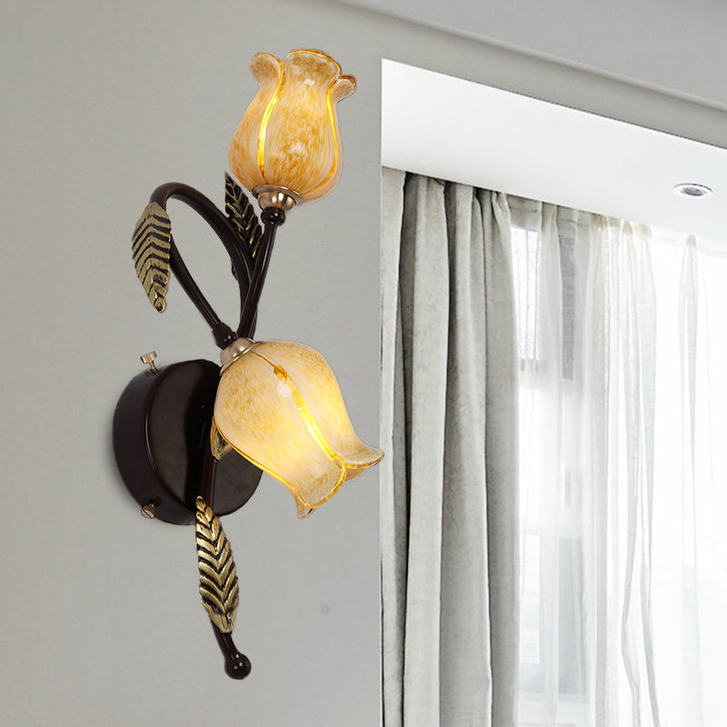 2 Lights White/Yellow Glass Wall Lighting Traditional Gold/Black Blossom Bedroom Sconce Light Fixture Clearhalo 'Wall Lamps & Sconces' 'Wall Lights' Lighting' 338042