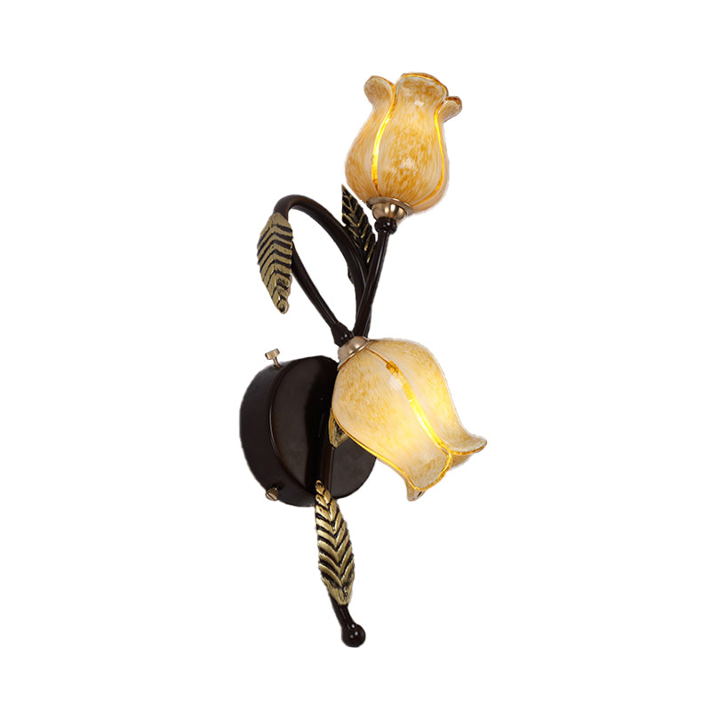 2 Lights White/Yellow Glass Wall Lighting Traditional Gold/Black Blossom Bedroom Sconce Light Fixture Clearhalo 'Wall Lamps & Sconces' 'Wall Lights' Lighting' 338043