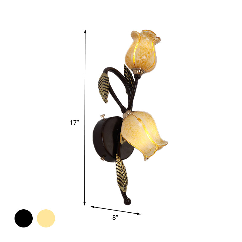 2 Lights White/Yellow Glass Wall Lighting Traditional Gold/Black Blossom Bedroom Sconce Light Fixture Clearhalo 'Wall Lamps & Sconces' 'Wall Lights' Lighting' 338045