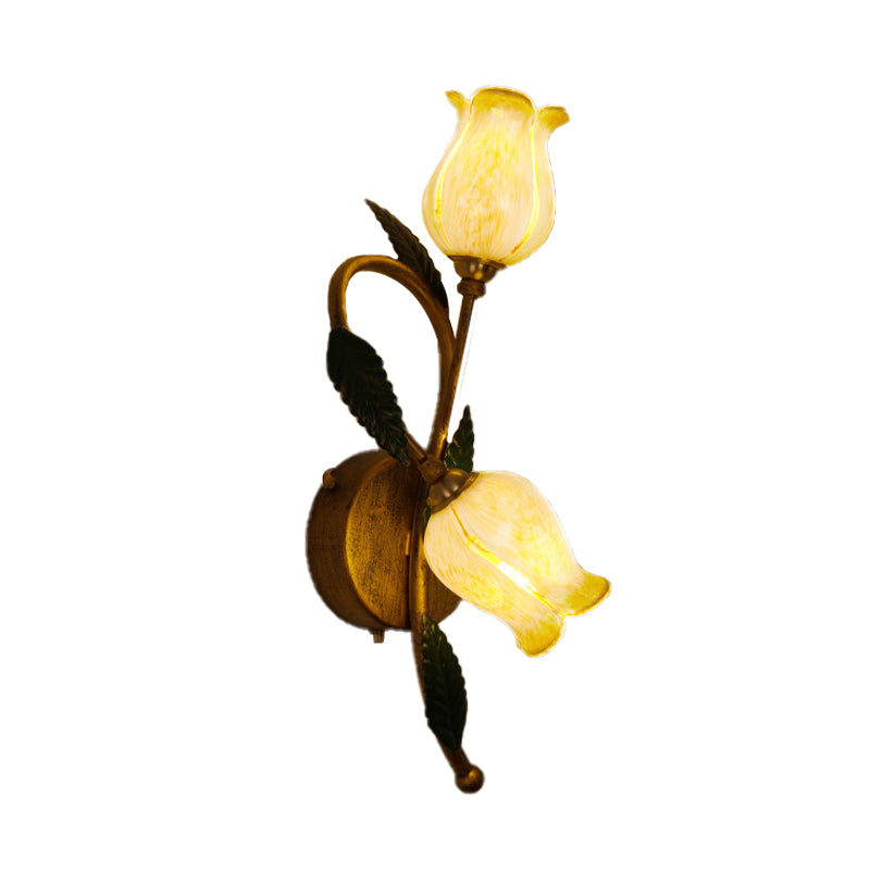 2 Lights White/Yellow Glass Wall Lighting Traditional Gold/Black Blossom Bedroom Sconce Light Fixture Gold Yellow Clearhalo 'Wall Lamps & Sconces' 'Wall Lights' Lighting' 338046