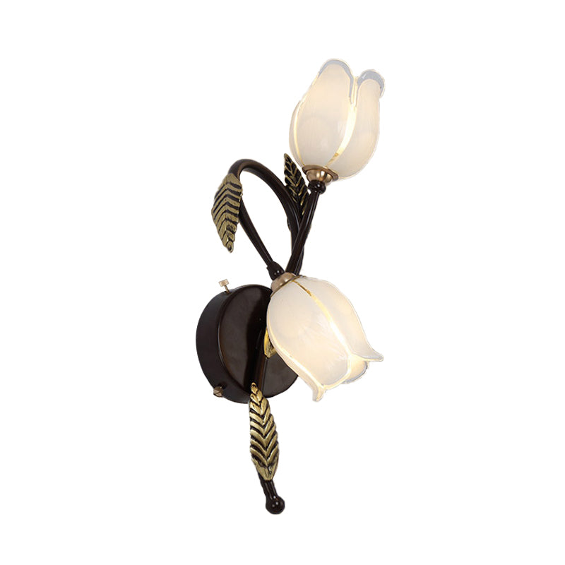 2 Lights White/Yellow Glass Wall Lighting Traditional Gold/Black Blossom Bedroom Sconce Light Fixture Clearhalo 'Wall Lamps & Sconces' 'Wall Lights' Lighting' 338049