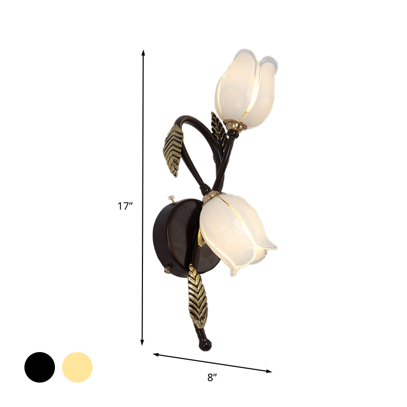 2 Lights White/Yellow Glass Wall Lighting Traditional Gold/Black Blossom Bedroom Sconce Light Fixture Clearhalo 'Wall Lamps & Sconces' 'Wall Lights' Lighting' 338050