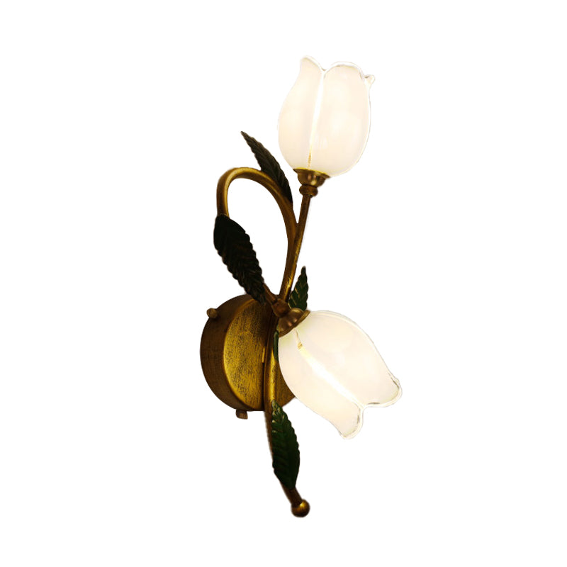 2 Lights White/Yellow Glass Wall Lighting Traditional Gold/Black Blossom Bedroom Sconce Light Fixture Gold White Clearhalo 'Wall Lamps & Sconces' 'Wall Lights' Lighting' 338051