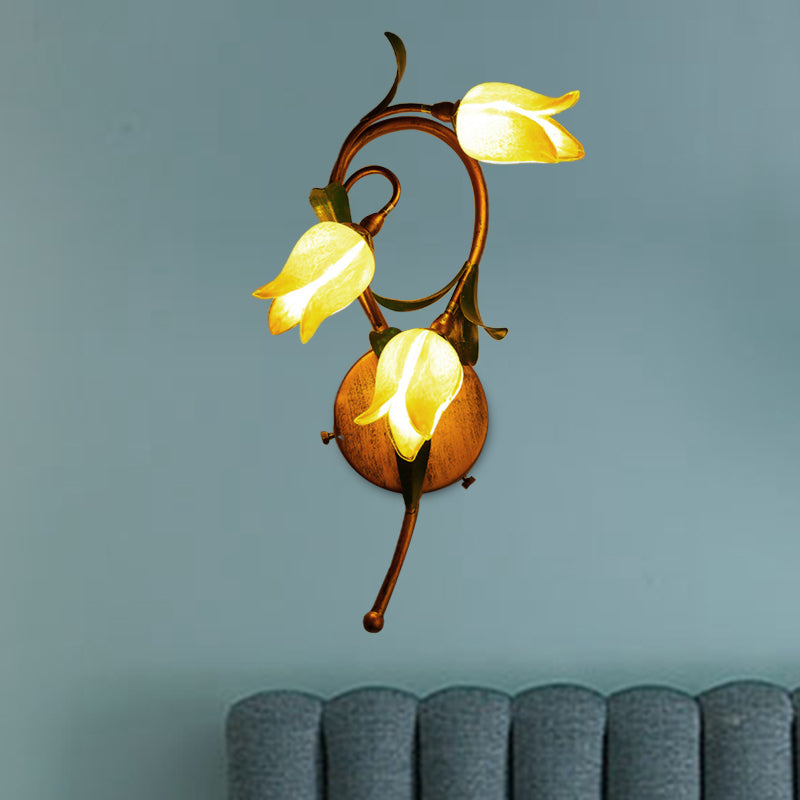 Blossom Bedroom Sconce Traditional-Style Yellow Glass 3 Lights Brass Wall Lighting Fixture Yellow Clearhalo 'Wall Lamps & Sconces' 'Wall Lights' Lighting' 338062