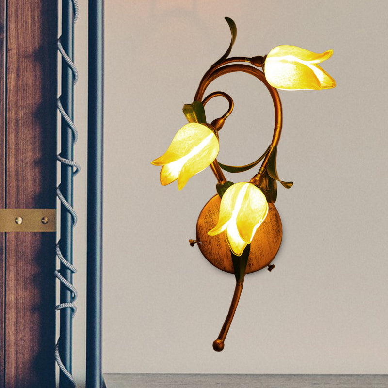 Blossom Bedroom Sconce Traditional-Style Yellow Glass 3 Lights Brass Wall Lighting Fixture Clearhalo 'Wall Lamps & Sconces' 'Wall Lights' Lighting' 338063