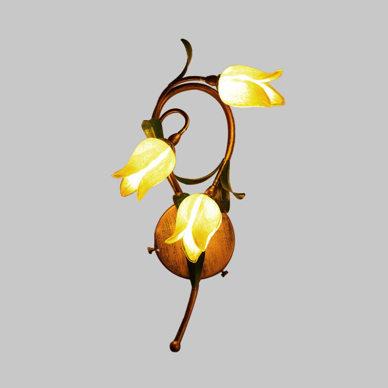 Blossom Bedroom Sconce Traditional-Style Yellow Glass 3 Lights Brass Wall Lighting Fixture Clearhalo 'Wall Lamps & Sconces' 'Wall Lights' Lighting' 338065