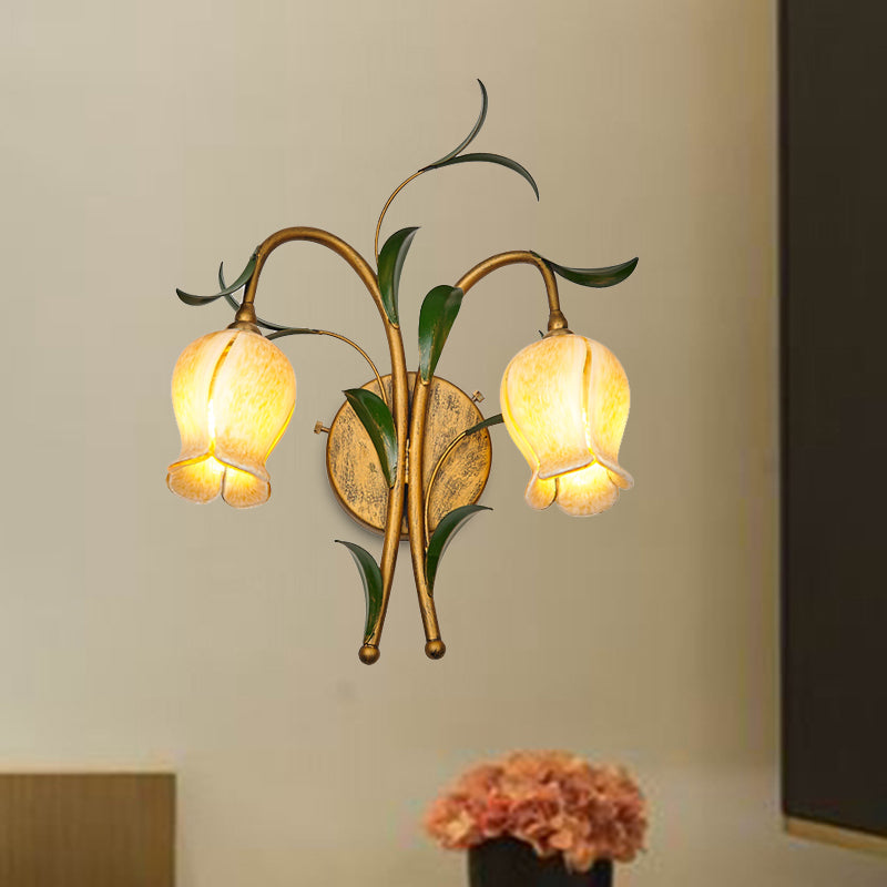 Brass Petal Wall Mount Lighting Rural White/Yellow Glass 2/3 Lights Living Room Sconce Light Fixture 2.0 Yellow Clearhalo 'Wall Lamps & Sconces' 'Wall Lights' Lighting' 338074