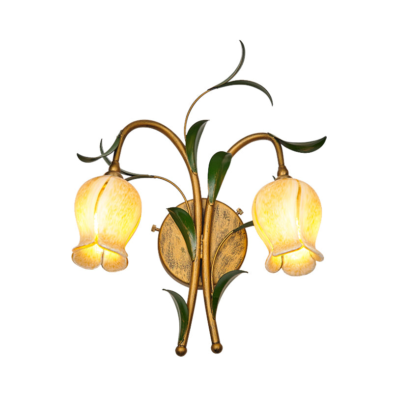 Brass Petal Wall Mount Lighting Rural White/Yellow Glass 2/3 Lights Living Room Sconce Light Fixture Clearhalo 'Wall Lamps & Sconces' 'Wall Lights' Lighting' 338076