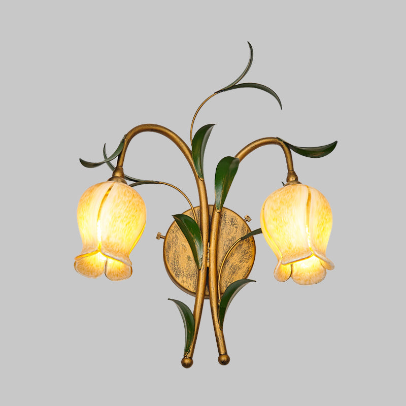 Brass Petal Wall Mount Lighting Rural White/Yellow Glass 2/3 Lights Living Room Sconce Light Fixture Clearhalo 'Wall Lamps & Sconces' 'Wall Lights' Lighting' 338077