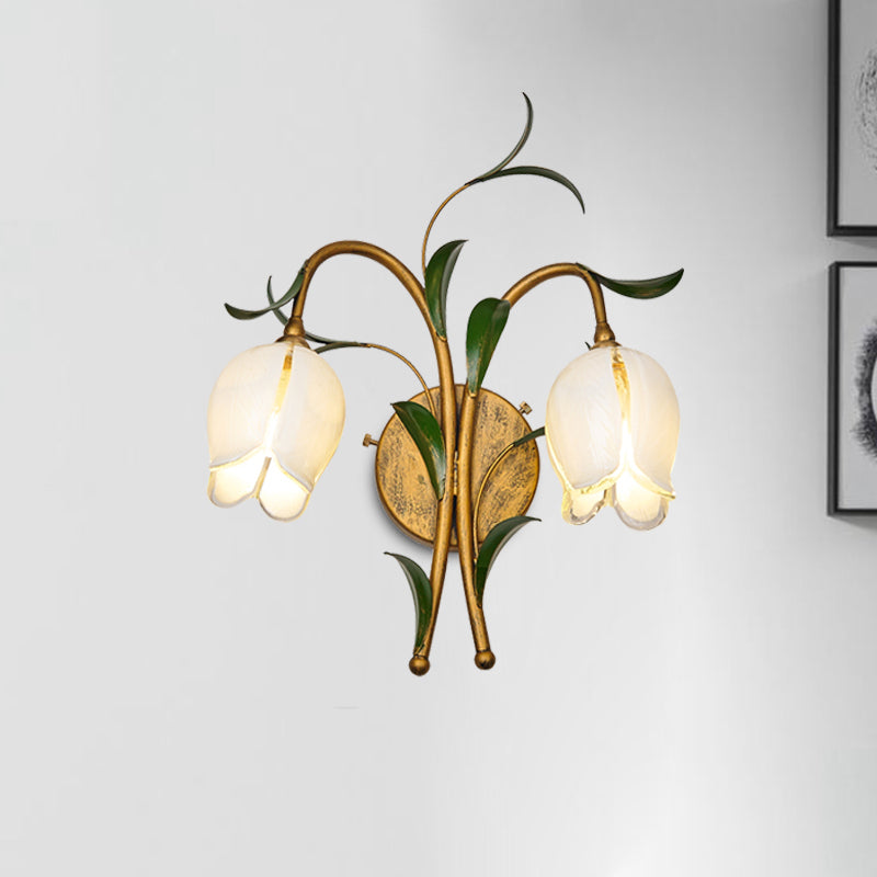 Brass Petal Wall Mount Lighting Rural White/Yellow Glass 2/3 Lights Living Room Sconce Light Fixture Clearhalo 'Wall Lamps & Sconces' 'Wall Lights' Lighting' 338080