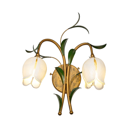 Brass Petal Wall Mount Lighting Rural White/Yellow Glass 2/3 Lights Living Room Sconce Light Fixture Clearhalo 'Wall Lamps & Sconces' 'Wall Lights' Lighting' 338081