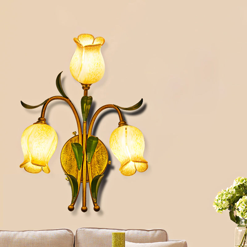 Brass Petal Wall Mount Lighting Rural White/Yellow Glass 2/3 Lights Living Room Sconce Light Fixture 3.0 Yellow Clearhalo 'Wall Lamps & Sconces' 'Wall Lights' Lighting' 338082