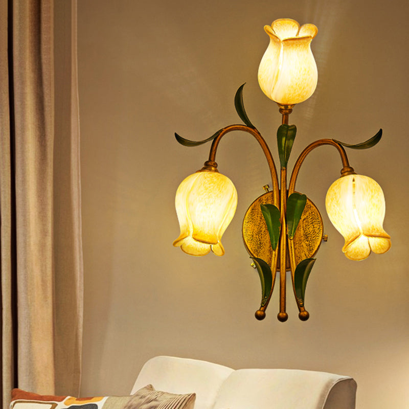 Brass Petal Wall Mount Lighting Rural White/Yellow Glass 2/3 Lights Living Room Sconce Light Fixture Clearhalo 'Wall Lamps & Sconces' 'Wall Lights' Lighting' 338083