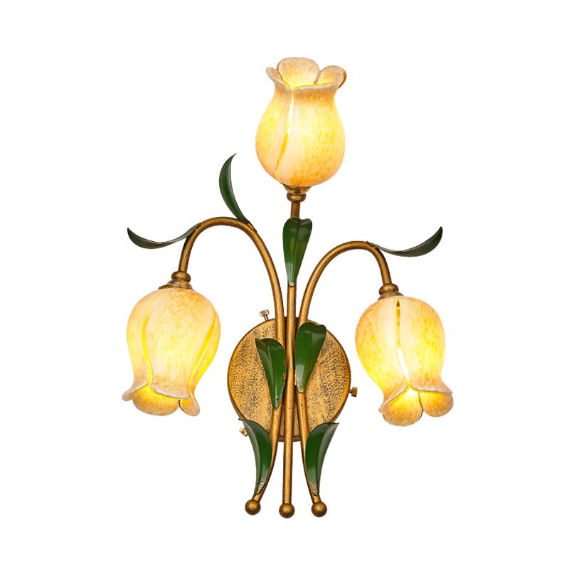 Brass Petal Wall Mount Lighting Rural White/Yellow Glass 2/3 Lights Living Room Sconce Light Fixture Clearhalo 'Wall Lamps & Sconces' 'Wall Lights' Lighting' 338084