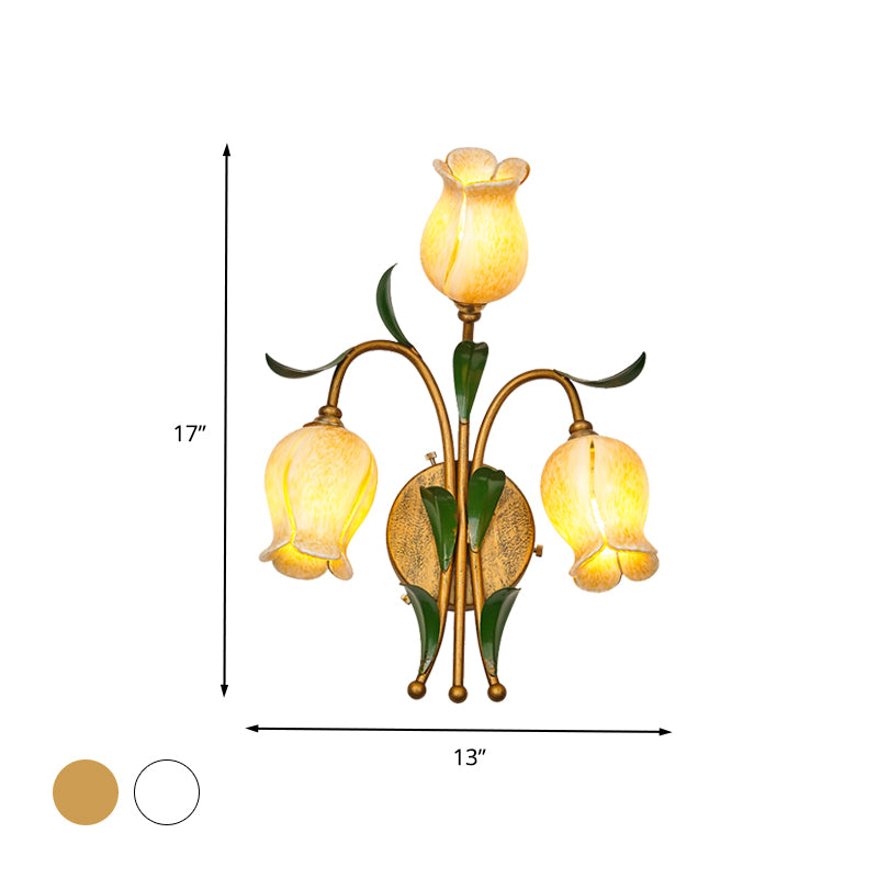 Brass Petal Wall Mount Lighting Rural White/Yellow Glass 2/3 Lights Living Room Sconce Light Fixture Clearhalo 'Wall Lamps & Sconces' 'Wall Lights' Lighting' 338085