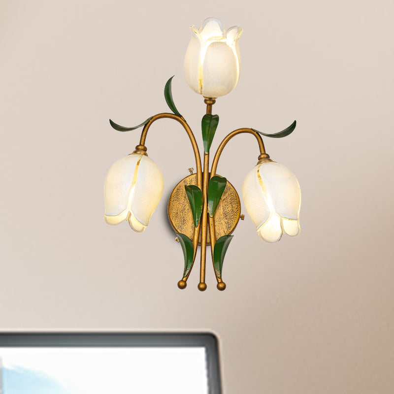 Brass Petal Wall Mount Lighting Rural White/Yellow Glass 2/3 Lights Living Room Sconce Light Fixture 3.0 White Clearhalo 'Wall Lamps & Sconces' 'Wall Lights' Lighting' 338086