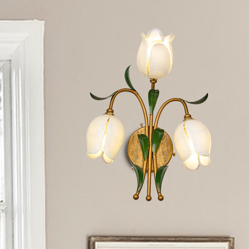 Brass Petal Wall Mount Lighting Rural White/Yellow Glass 2/3 Lights Living Room Sconce Light Fixture Clearhalo 'Wall Lamps & Sconces' 'Wall Lights' Lighting' 338087