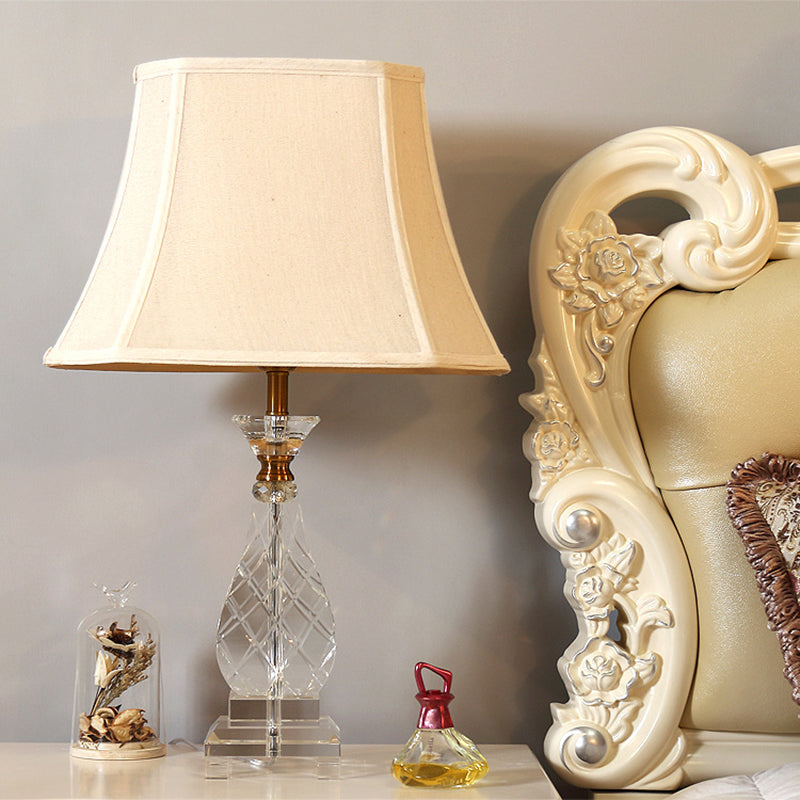 1 Light Fabric Night Lamp Traditionalism Beige Paneled Bell Bedroom Nightstand Light with Crystal Base Clearhalo 'Lamps' 'Table Lamps' Lighting' 338140