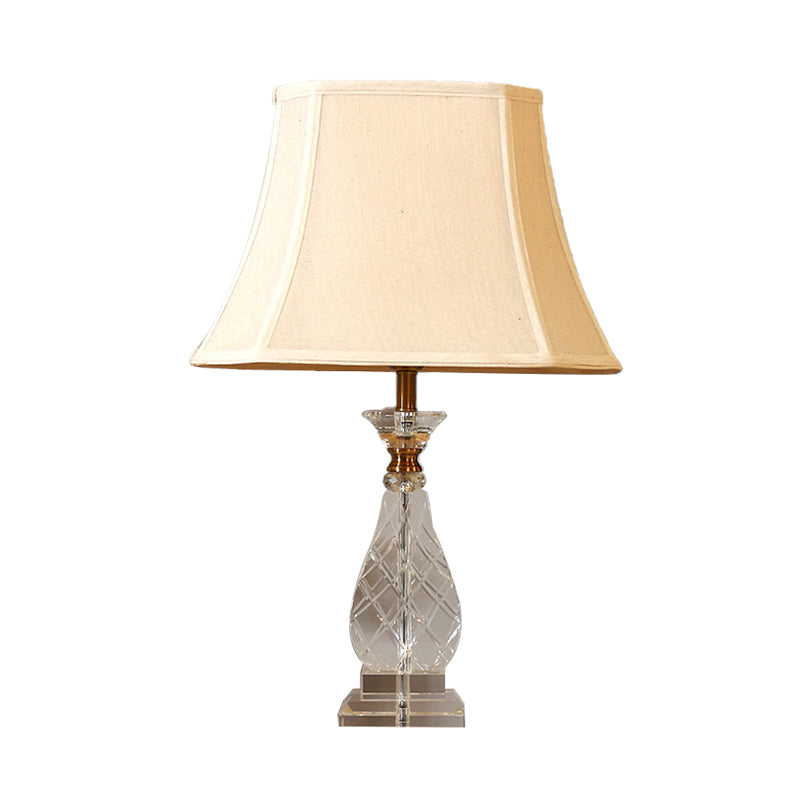 1 Light Fabric Night Lamp Traditionalism Beige Paneled Bell Bedroom Nightstand Light with Crystal Base Clearhalo 'Lamps' 'Table Lamps' Lighting' 338141