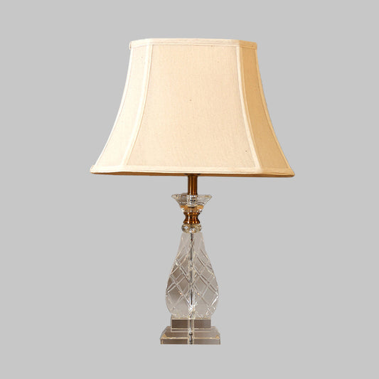 1 Light Fabric Night Lamp Traditionalism Beige Paneled Bell Bedroom Nightstand Light with Crystal Base Clearhalo 'Lamps' 'Table Lamps' Lighting' 338142