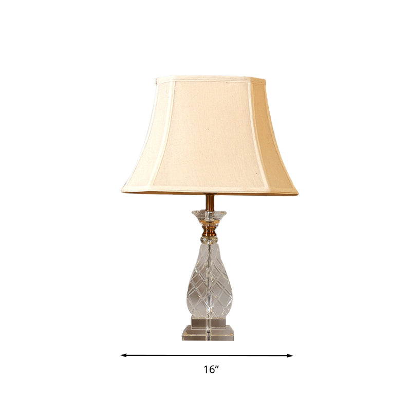 1 Light Fabric Night Lamp Traditionalism Beige Paneled Bell Bedroom Nightstand Light with Crystal Base Clearhalo 'Lamps' 'Table Lamps' Lighting' 338143