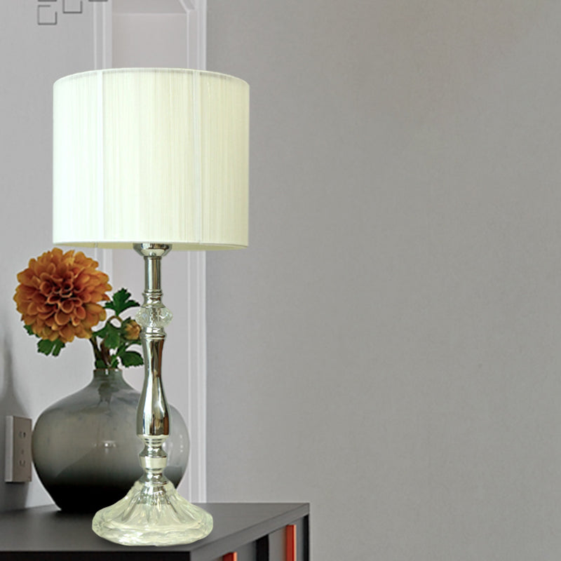 Fabric White Table Lamp Cylinder 1 Light Simple Night Light for Living Room with Crystal Base Clearhalo 'Lamps' 'Table Lamps' Lighting' 338221