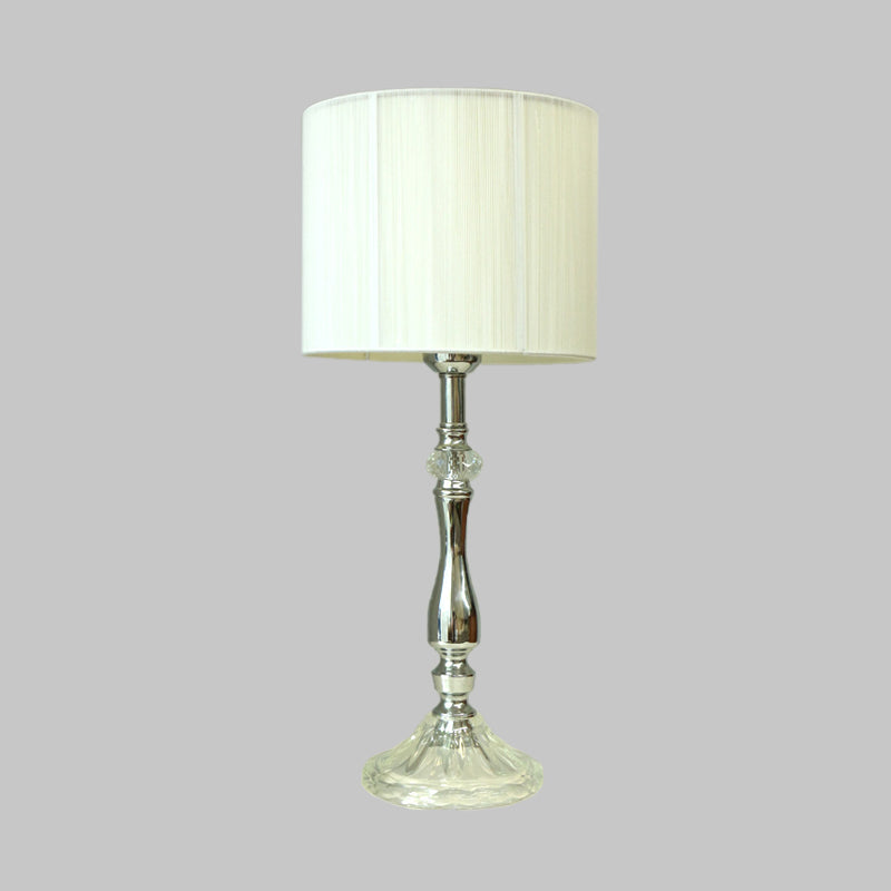 Fabric White Table Lamp Cylinder 1 Light Simple Night Light for Living Room with Crystal Base Clearhalo 'Lamps' 'Table Lamps' Lighting' 338223