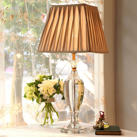 1 Light Pleated Shade Night Light Rural Style Beige Fabric Table Lamp with Urn Crystal Base Beige Clearhalo 'Lamps' 'Table Lamps' Lighting' 338230