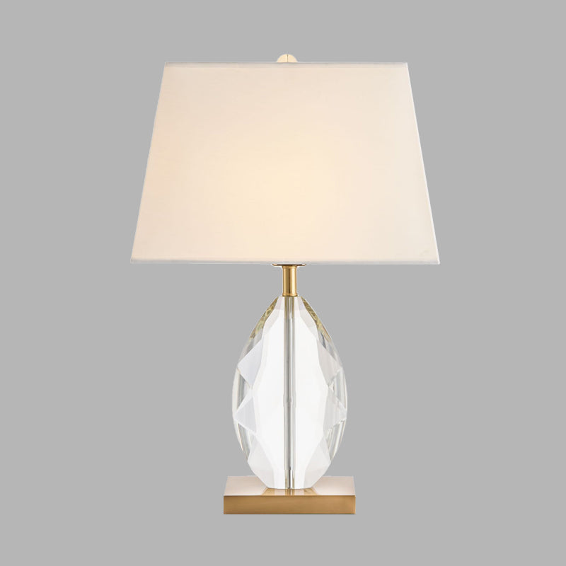 Single Bulb Oval Table Light Traditional White Crystal Night Lamp with Trapezoid Fabric Shade Clearhalo 'Lamps' 'Table Lamps' Lighting' 338254