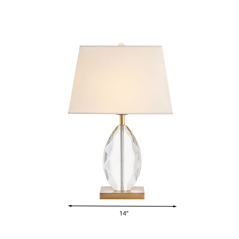 Single Bulb Oval Table Light Traditional White Crystal Night Lamp with Trapezoid Fabric Shade Clearhalo 'Lamps' 'Table Lamps' Lighting' 338255