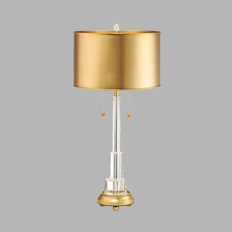 Clear Crystal Layered Table Lamp Rural Single Bulb Bedroom Night Light in Gold with Drum Metal Shade Clearhalo 'Lamps' 'Table Lamps' Lighting' 338284