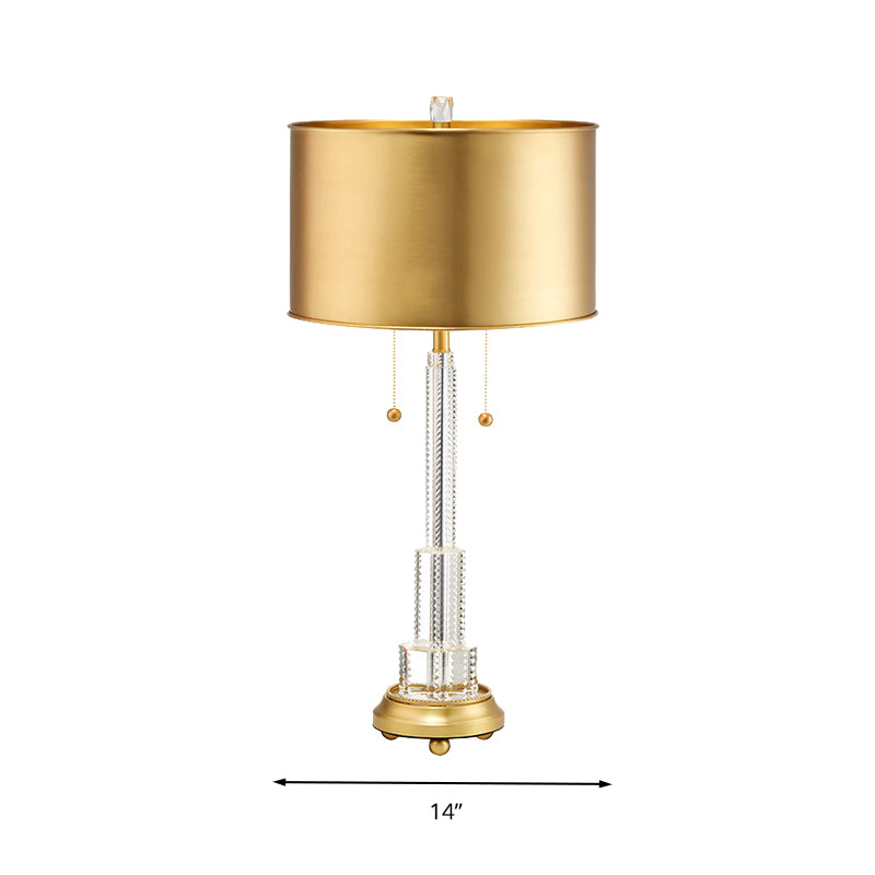 Clear Crystal Layered Table Lamp Rural Single Bulb Bedroom Night Light in Gold with Drum Metal Shade Clearhalo 'Lamps' 'Table Lamps' Lighting' 338285