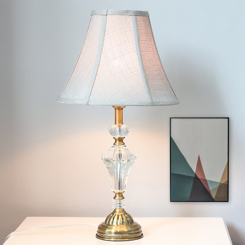 1 Light Paneled Bell Night Table Lamp White Fabric Nightstand Light with Crystal Accent White Clearhalo 'Lamps' 'Table Lamps' Lighting' 338349