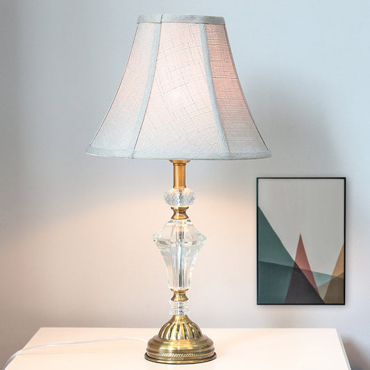 1 Light Paneled Bell Night Table Lamp White Fabric Nightstand Light with Crystal Accent White Clearhalo 'Lamps' 'Table Lamps' Lighting' 338349