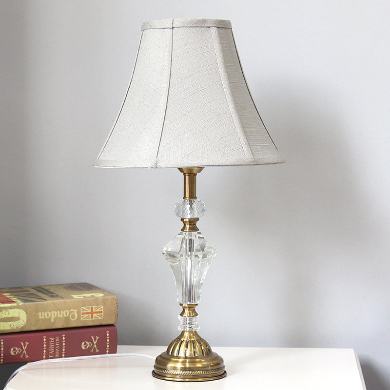 1 Light Paneled Bell Night Table Lamp White Fabric Nightstand Light with Crystal Accent Clearhalo 'Lamps' 'Table Lamps' Lighting' 338350