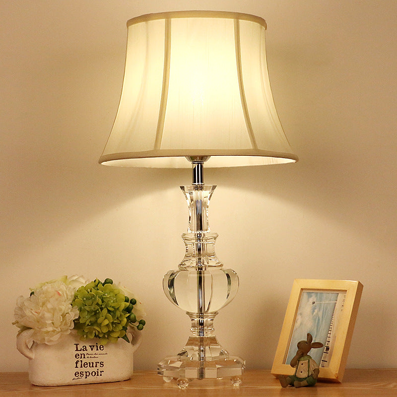 1 Light Fabric Night Lamp Lodge White Empire Shade Bedroom Table Light with Crystal Base Clearhalo 'Lamps' 'Table Lamps' Lighting' 338365